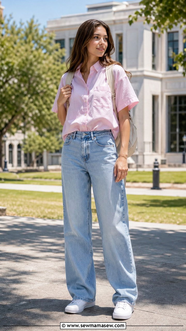 Short sleeve oxford shirt and baggy jeans - 30 Back to school outfit ideas for college 2026