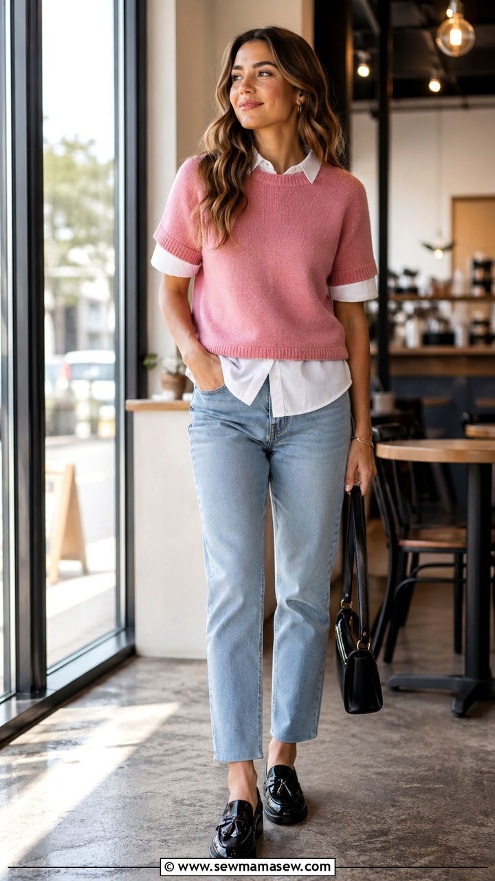 Short sleeve sweater over button down - 30 Spring layering outfits