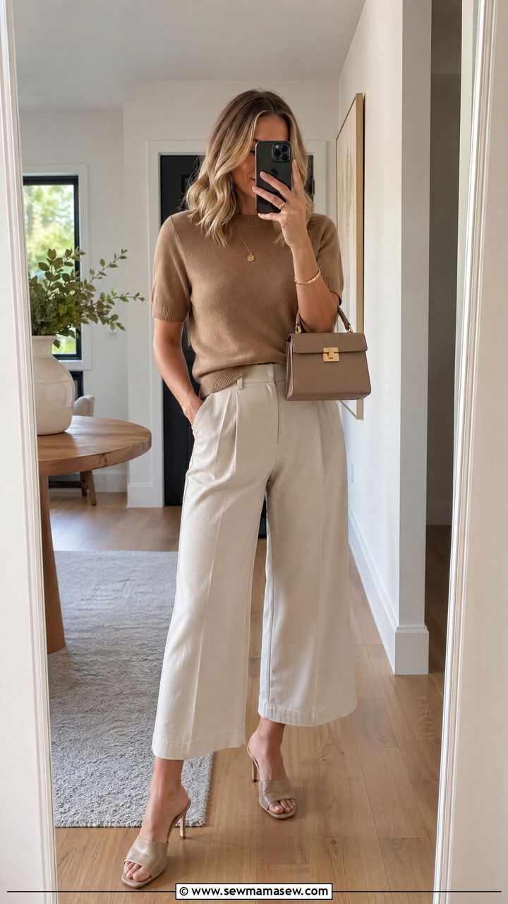 Short sleeve sweater with cropped wide leg pants and mules - 35 transitional outfits for women