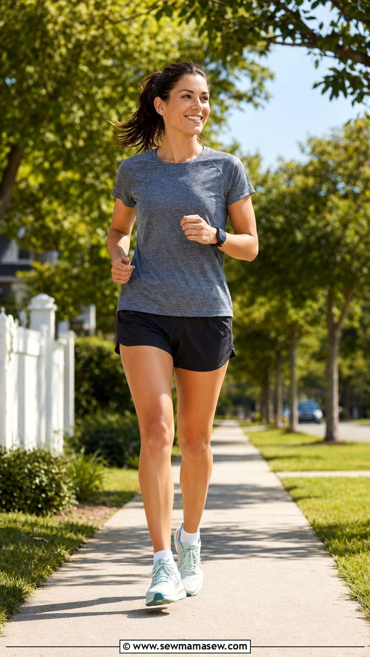 Short sleeve tech shirt and loose running shorts outfit - 35 Running outfit ideas for women