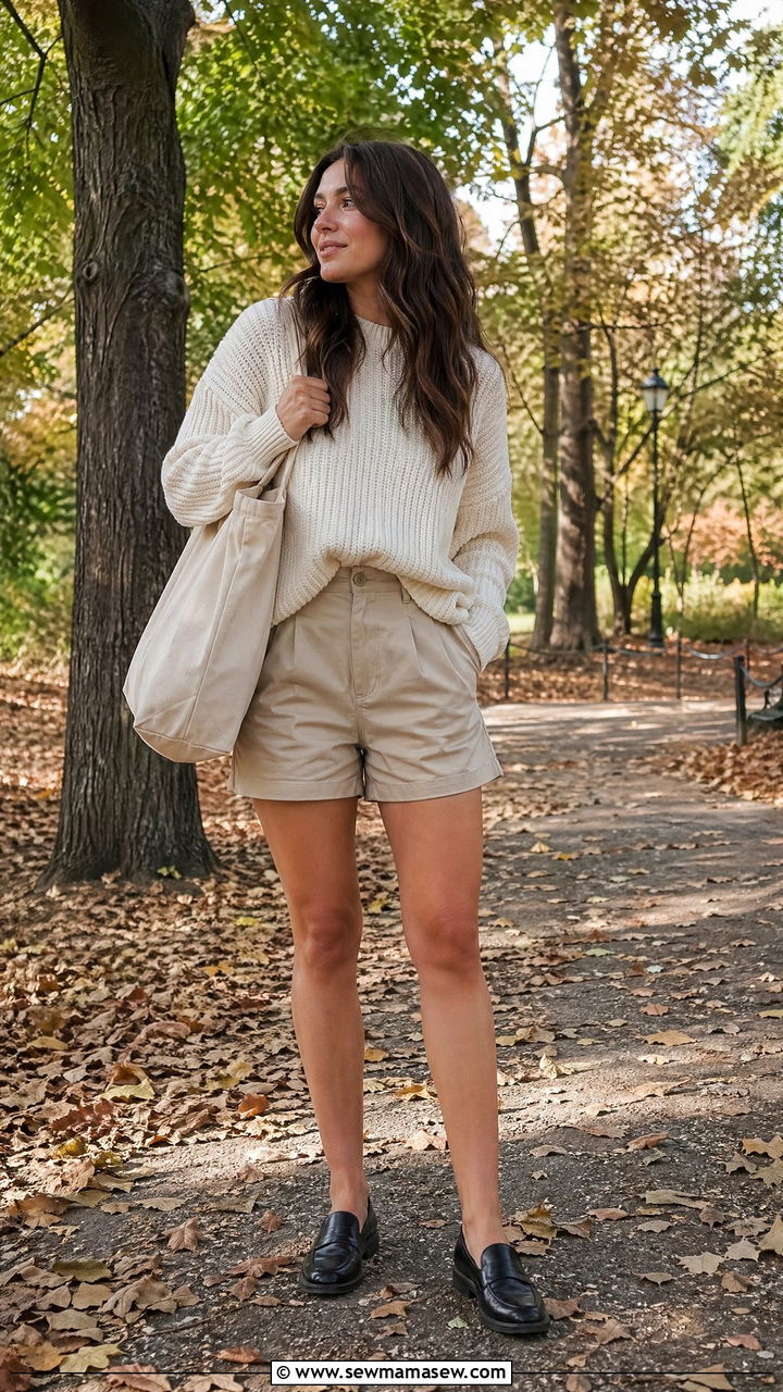 Shorts With Chunky Knit Sweater And Loafers - 35 Summer transition outfits