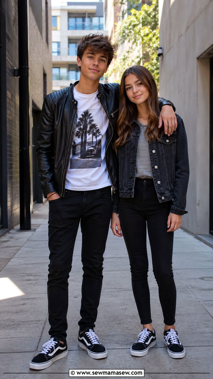 Sibling Outfits with Matching Denim and Leather Jackets - 30 Sibling photoshoot outfit ideas