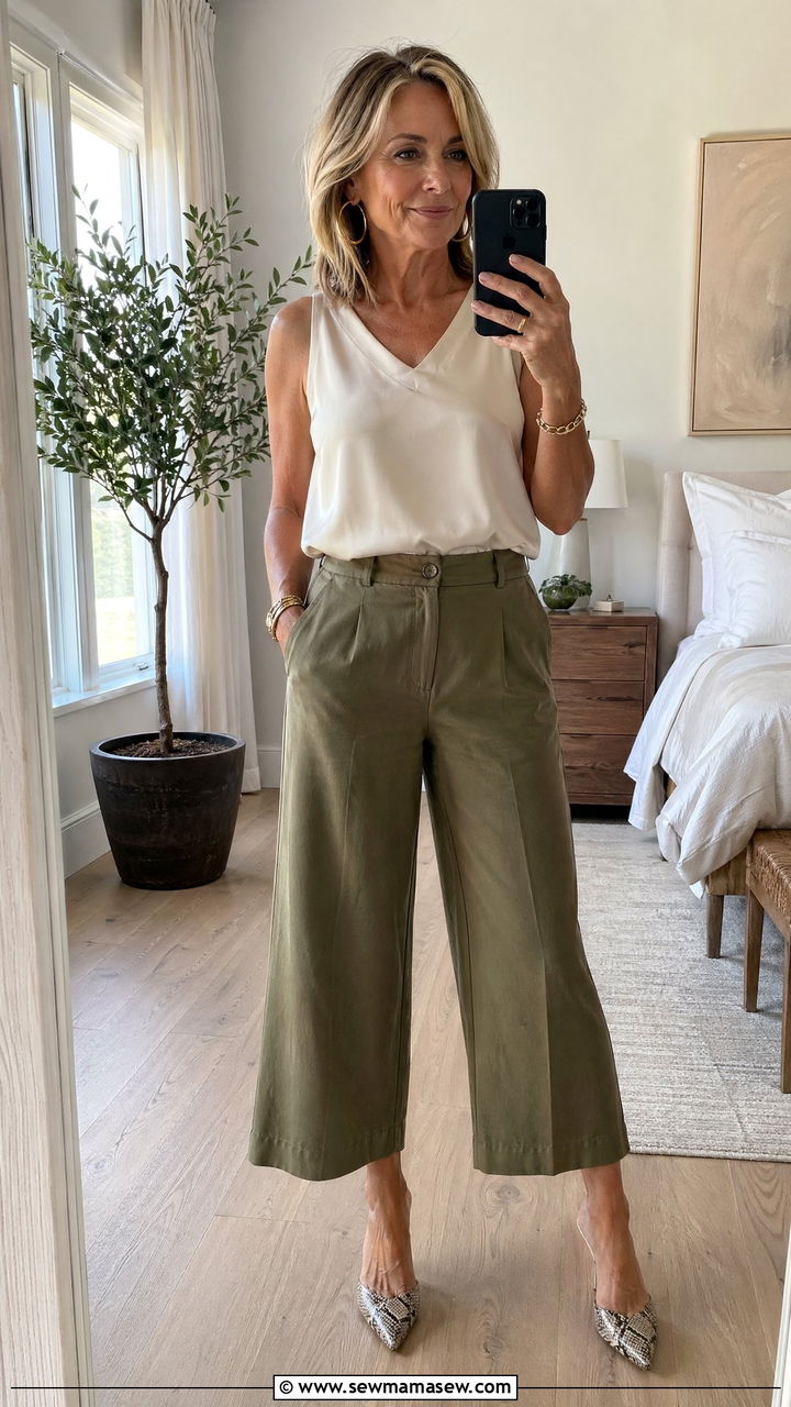 Silk Blend Top with Cropped Wide Leg Pants and Mules - 35 summer outfit ideas for women over 50