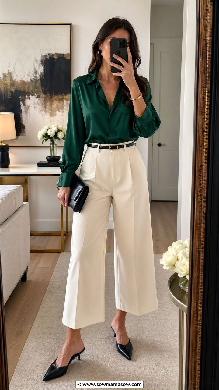 Silk Blouse With Cropped Wide Leg Pants And Mules - 35 spring classy outfit ideas