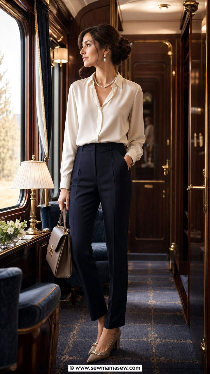 Silk Blouse With High Waisted Trousers - 35 Quiet luxury travel outfits