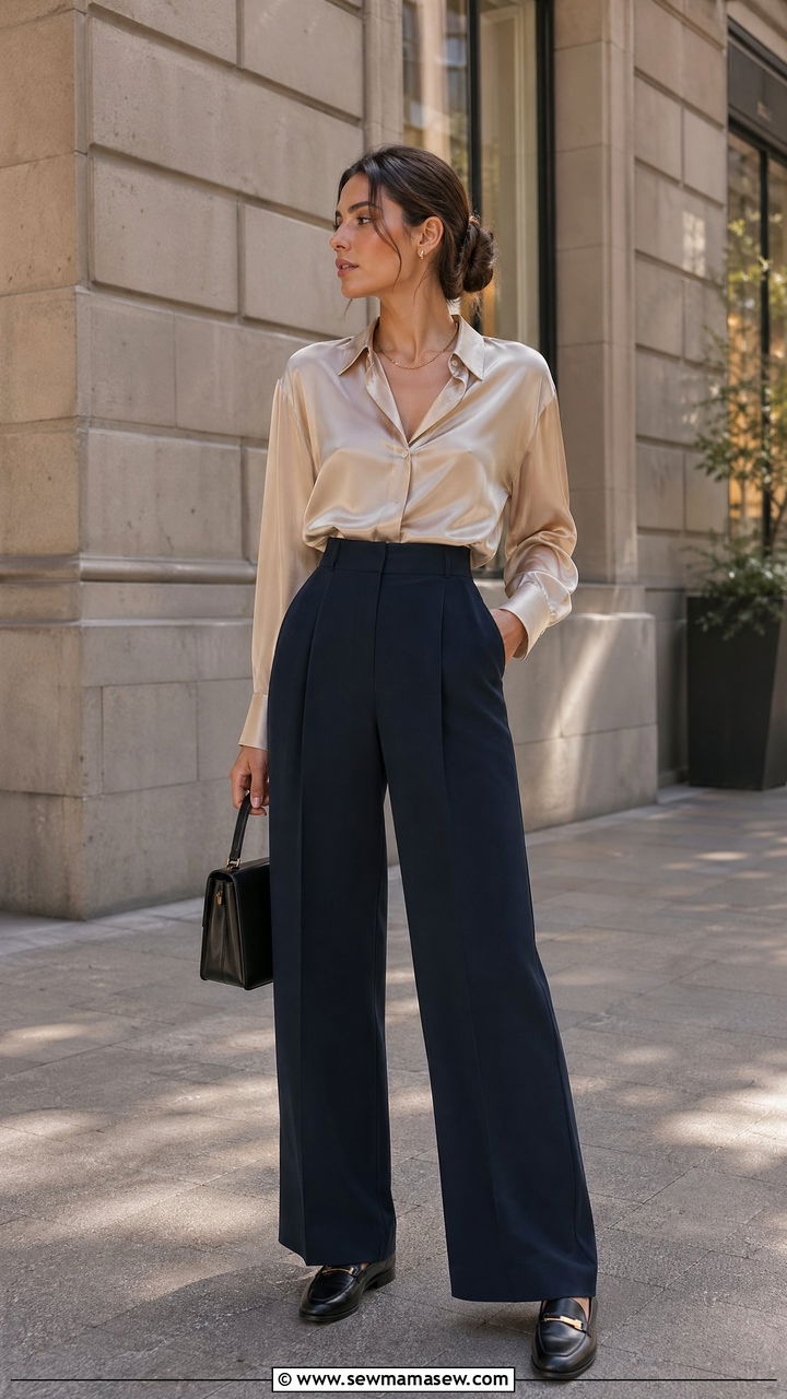 Silk Blouse With High Waisted Trousers And Leather Loafers - 35 spring old money outfits