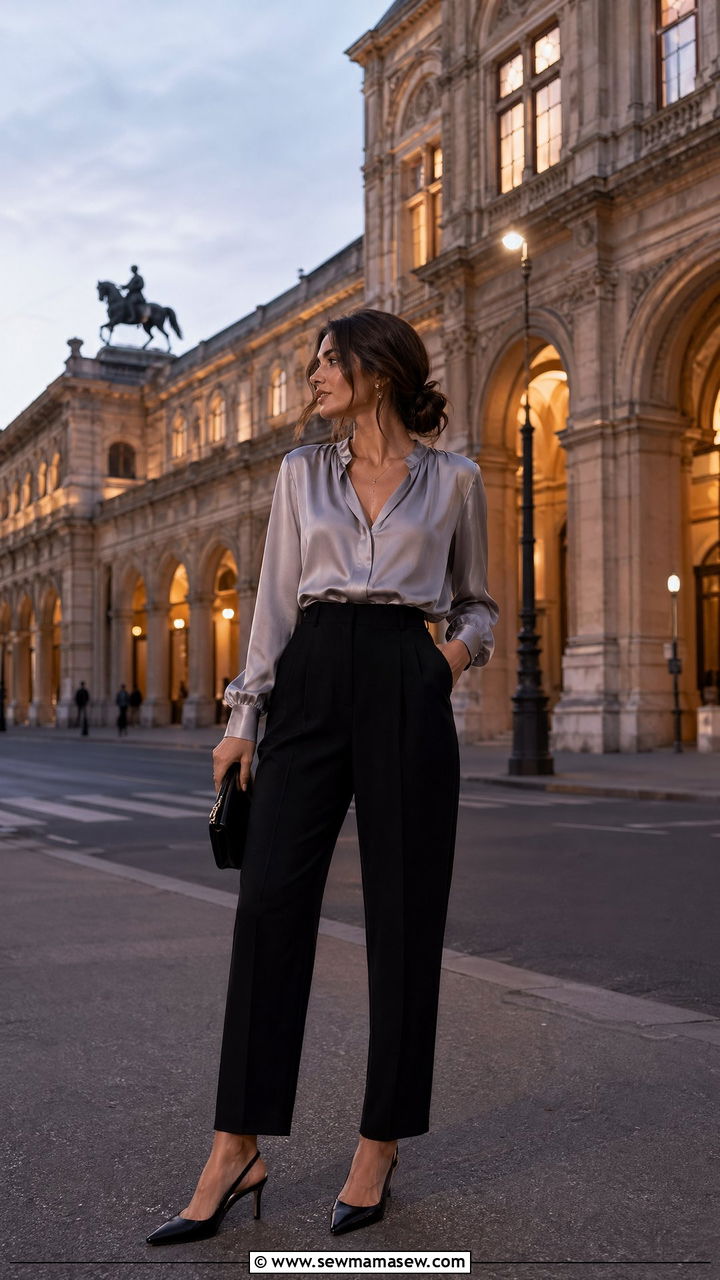 Silk Blouse With High Waisted Trousers And Slingback Heels - 35 Vienna outfit ideas