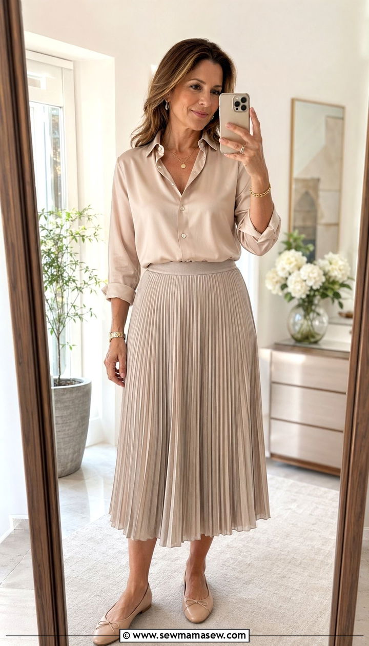 Silk Blouse With Pleated Midi Skirt And Nude Ballet Flats - 35 Old money outfits for women over 40