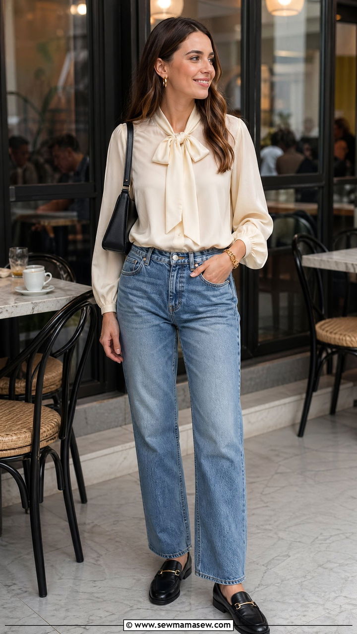 Silk Blouse With Relaxed Denim And Loafers Outfit - 35 classy casual outfits