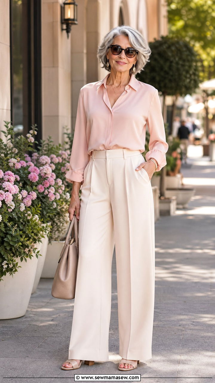 Silk Blouse With Wide Leg Trousers - 35 Spring outfits for women over 60