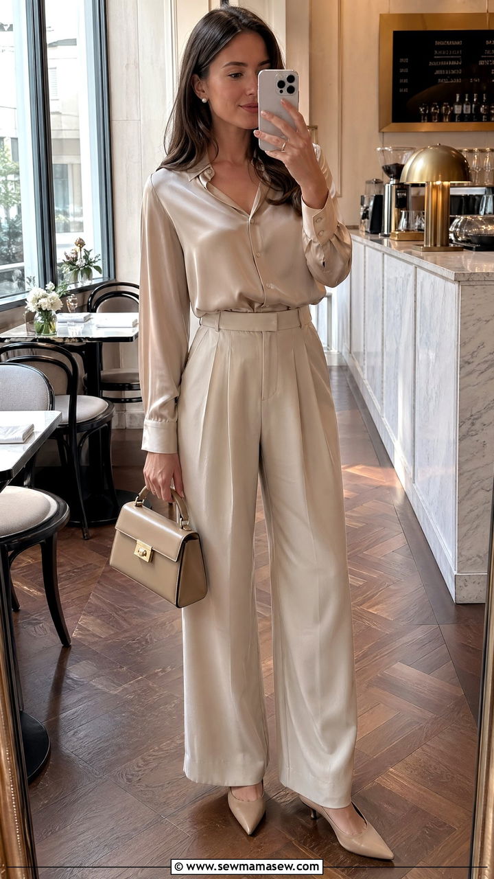 Silk Blouse and Pleated Wide Leg Trousers - 35 transitional quiet luxury outfit ideas