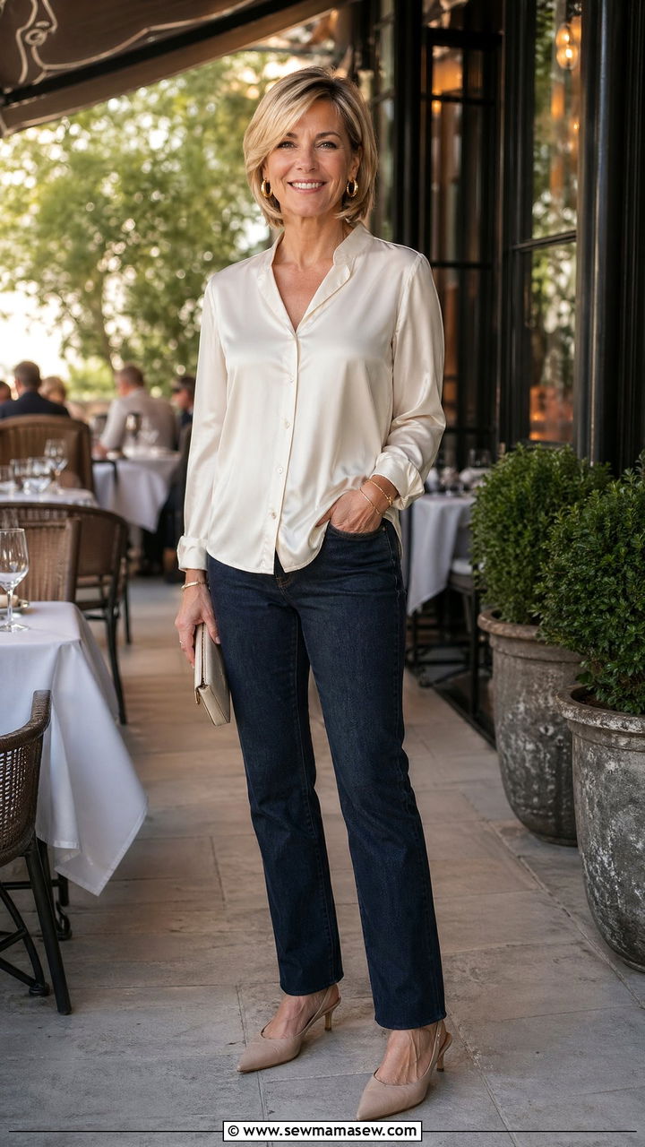 Silk Blouse with Dark Jeans and Low Heels - 35 spring outfit ideas for women over 50