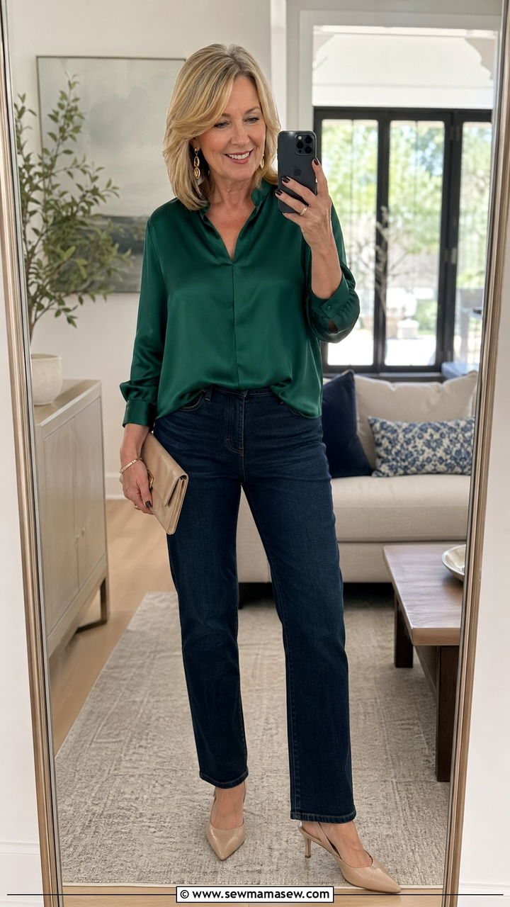 Silk Blouse with Dark Jeans and Slingback Heels - 35 Spring capsule wardrobe for women over 50