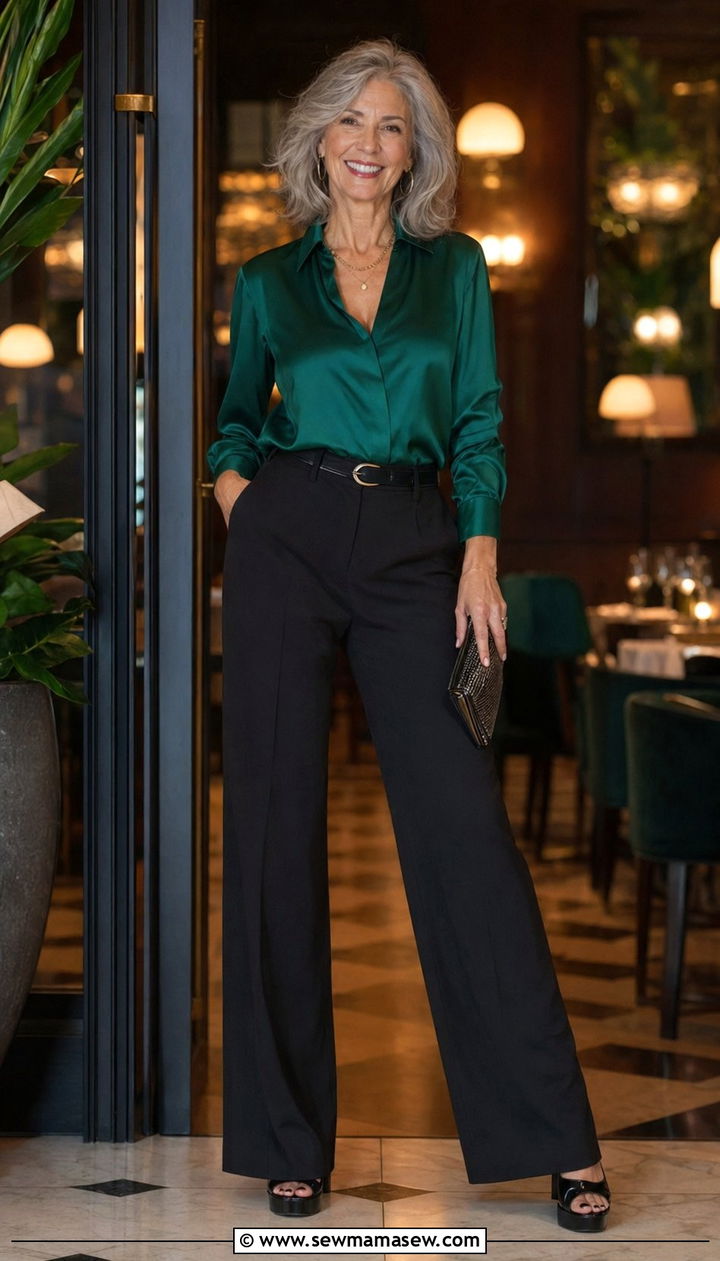 Silk Blouse with Dark Wide Leg Trousers - 30 Aesthetic outfit ideas for women over 50