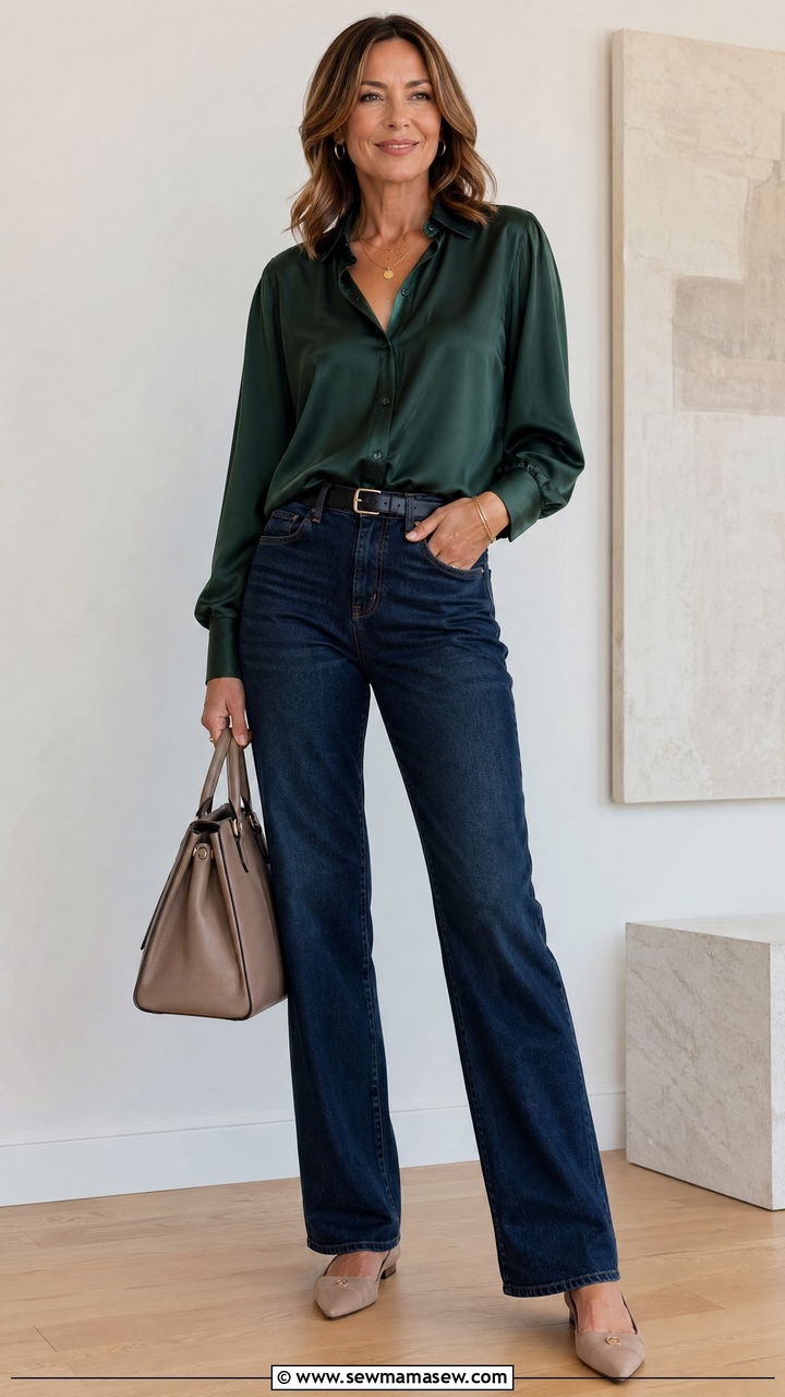 Silk Blouse with High Waist Jeans - 35 Chic outfits for women over 40