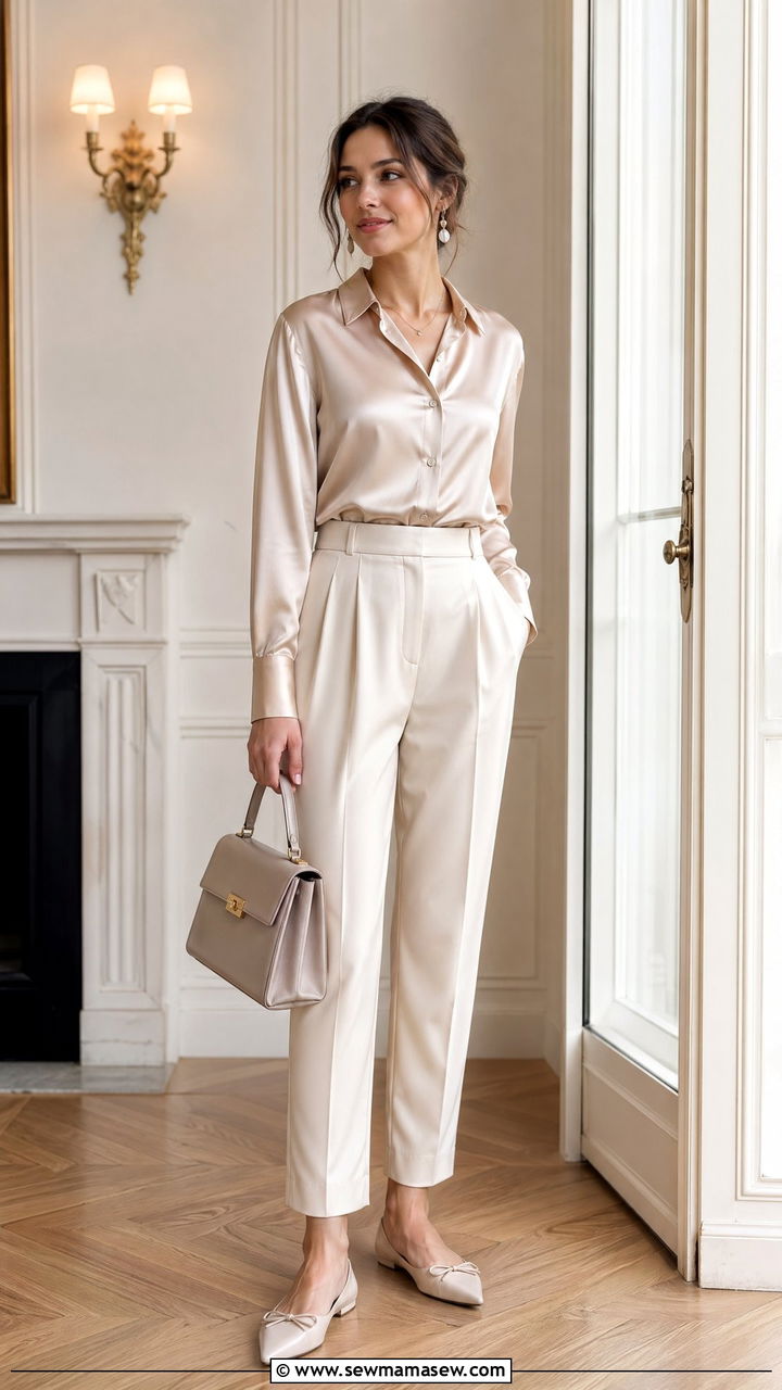 Silk Blouse with High Waisted Pleated Trousers - 35 spring old money outfit ideas