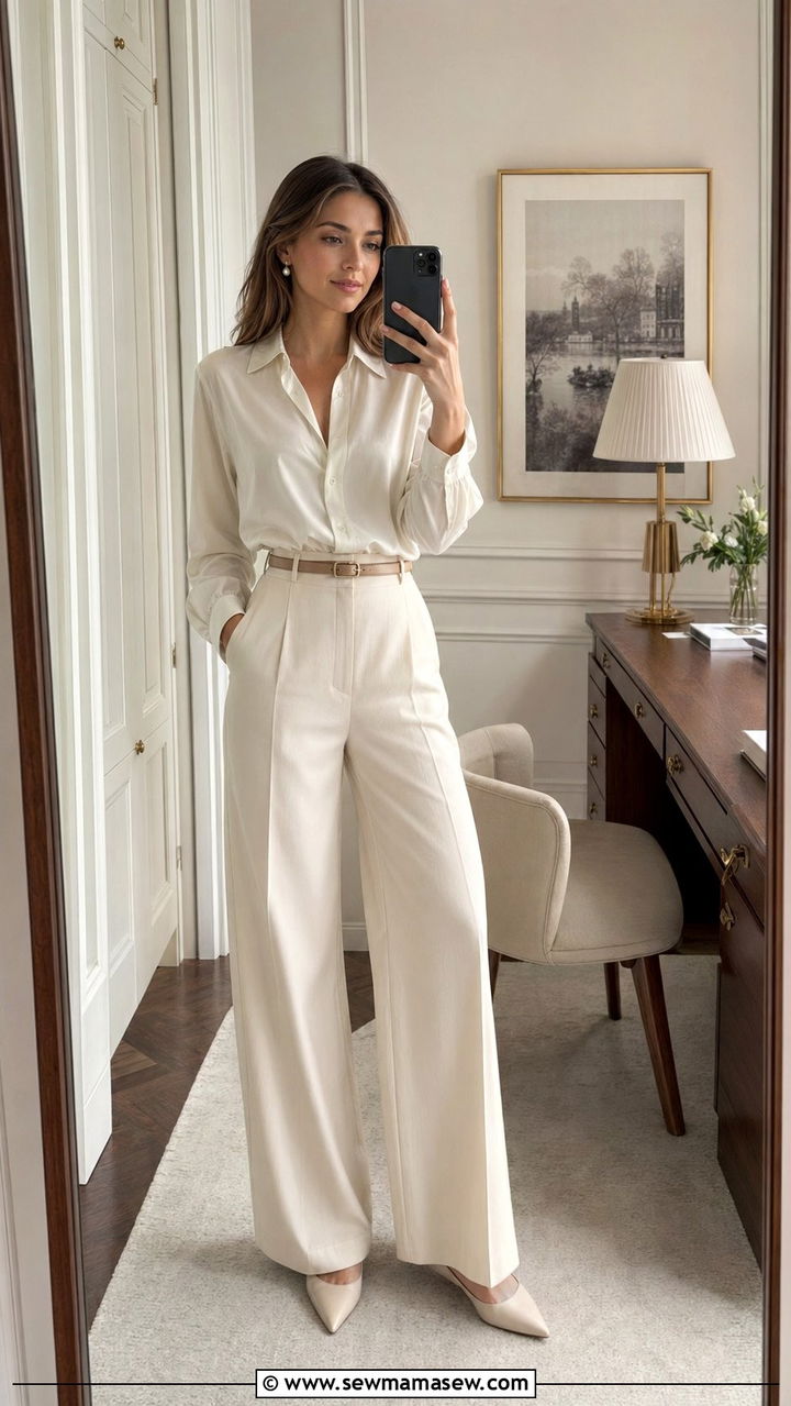 Silk Blouse with High Waisted Tailored Trousers - 35 Old money spring outfits