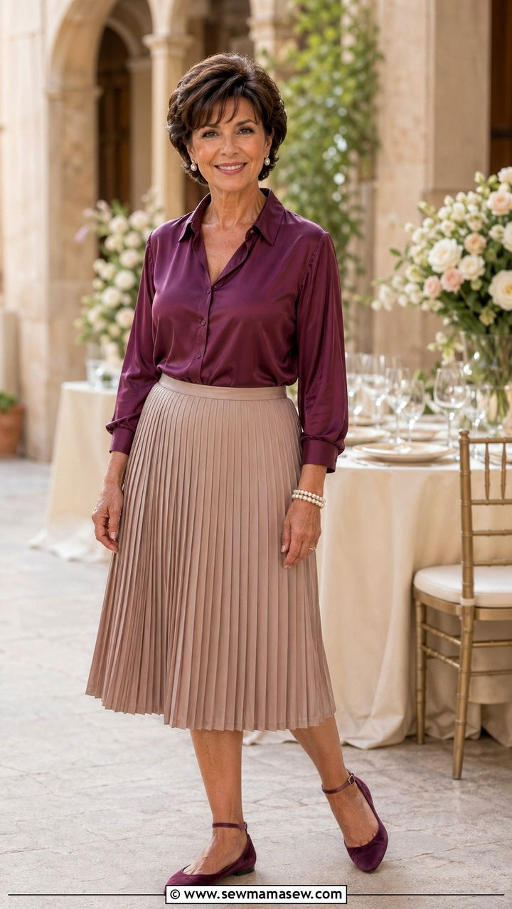 Silk Blouse with Pleated Midi Skirt and Ballet Flats - 35 Petite outfit ideas for women over 50