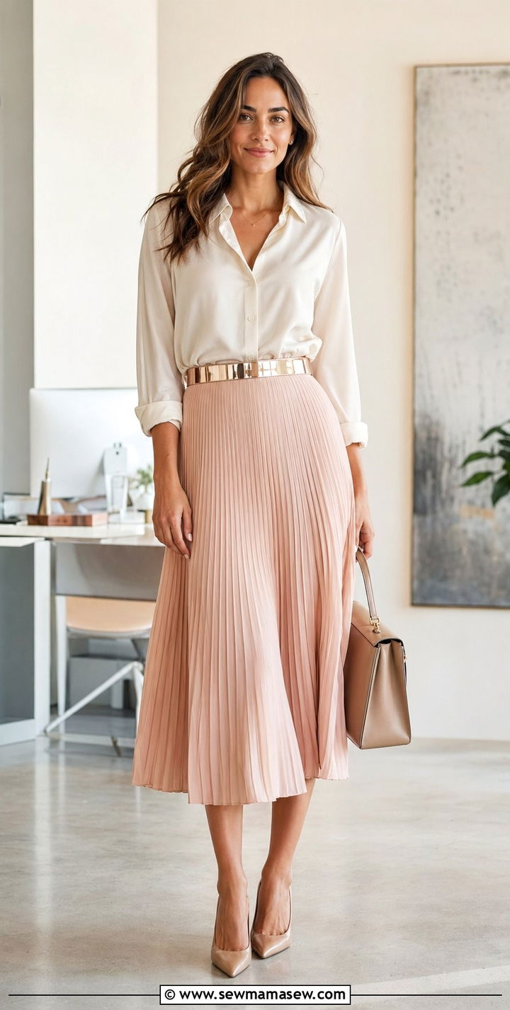 Silk Blouse with Pleated Midi Skirt - 30 Workwear capsule wardrobe