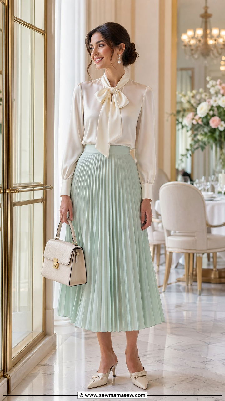 Silk Blouse with Pleated Skirt Spring Outfit - 35 spring romantic outfits