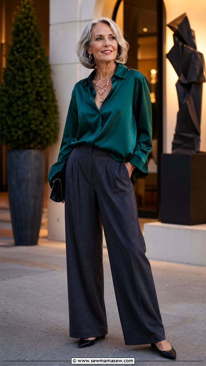 Silk Blouse with Relaxed Trousers and Pointed Flats - 35 Spring outfits for women over 50