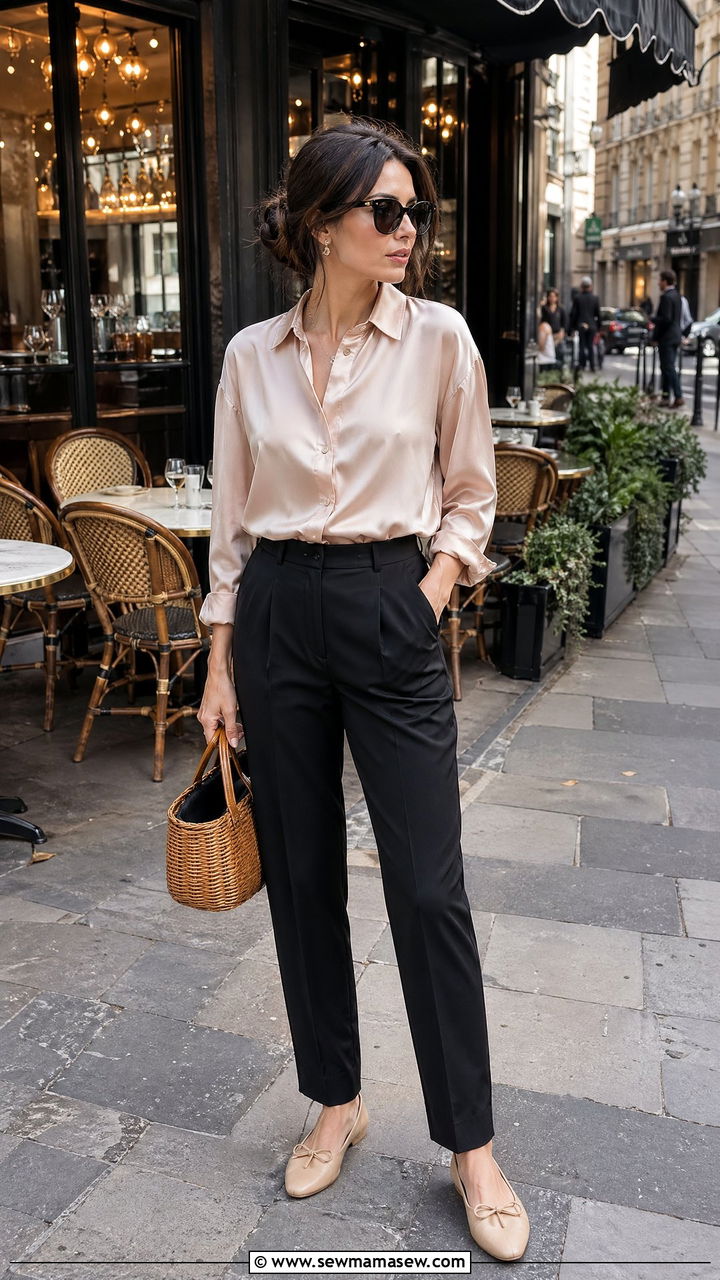 Silk Blouse with Tailored Trousers and Basket Bag - 35 Spring Paris outfit ideas