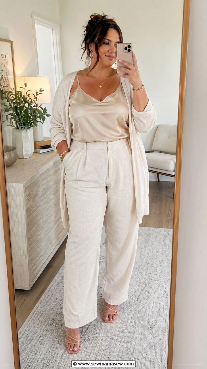 Silk Camisole With Linen Blend Trousers Outfit - 35 Spring capsule wardrobe plus size