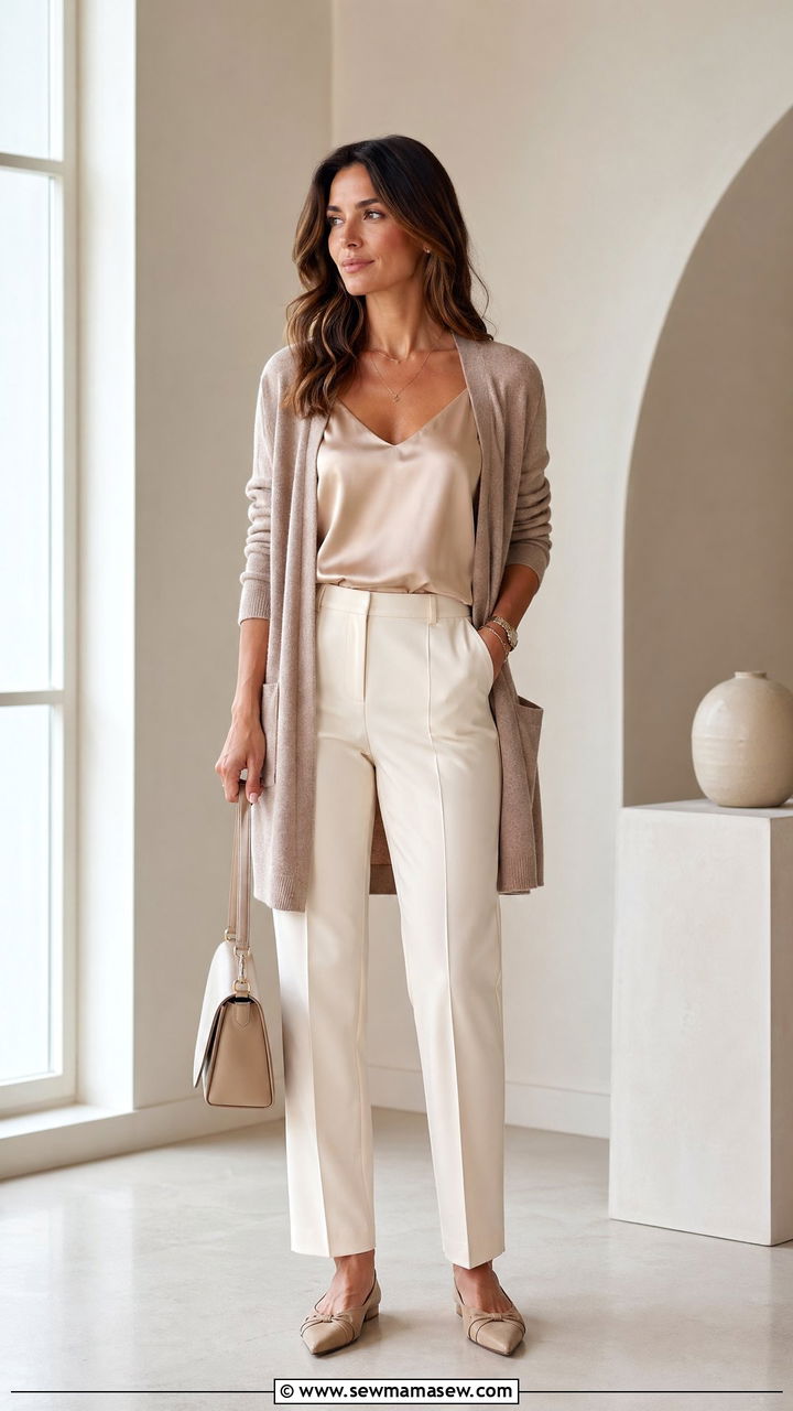 Silk Camisole with Cardigan and Trousers - 35 Chic mom outfit ideas
