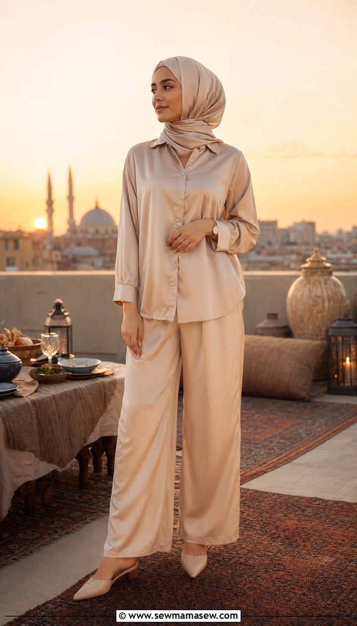 Silk Co Ord Set With Matching Hijab And Mules - 35 Ramadan outfit ideas for women