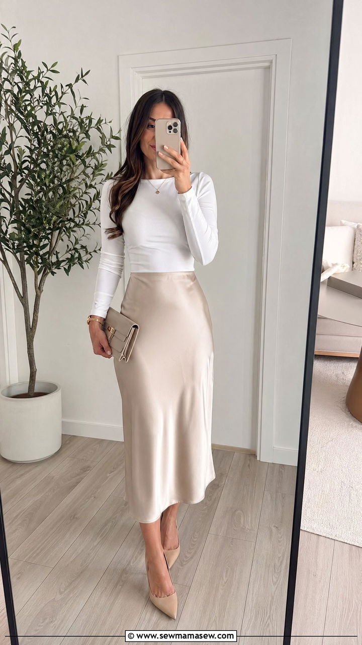 Silk Midi Skirt With White Long Sleeve Top - 35 Spring job interview outfits
