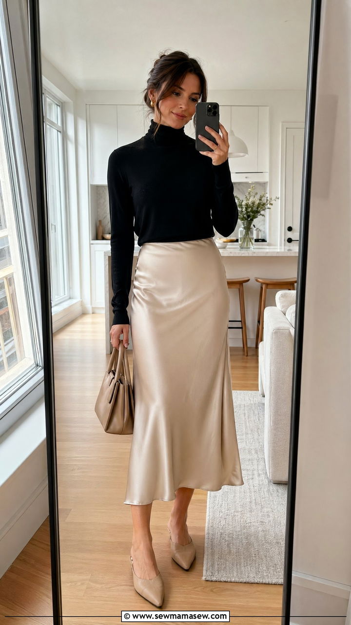 Silk Midi Skirt With a Lightweight Turtleneck and Mules - 35 transitional outfit ideas for women