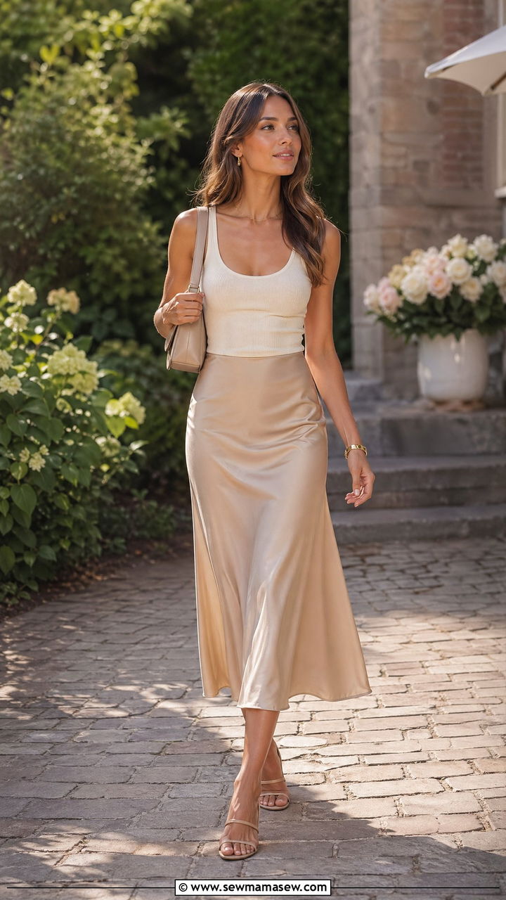 Silk Midi Skirt with Knit Tank Top - 35 summer engagement party outfit ideas