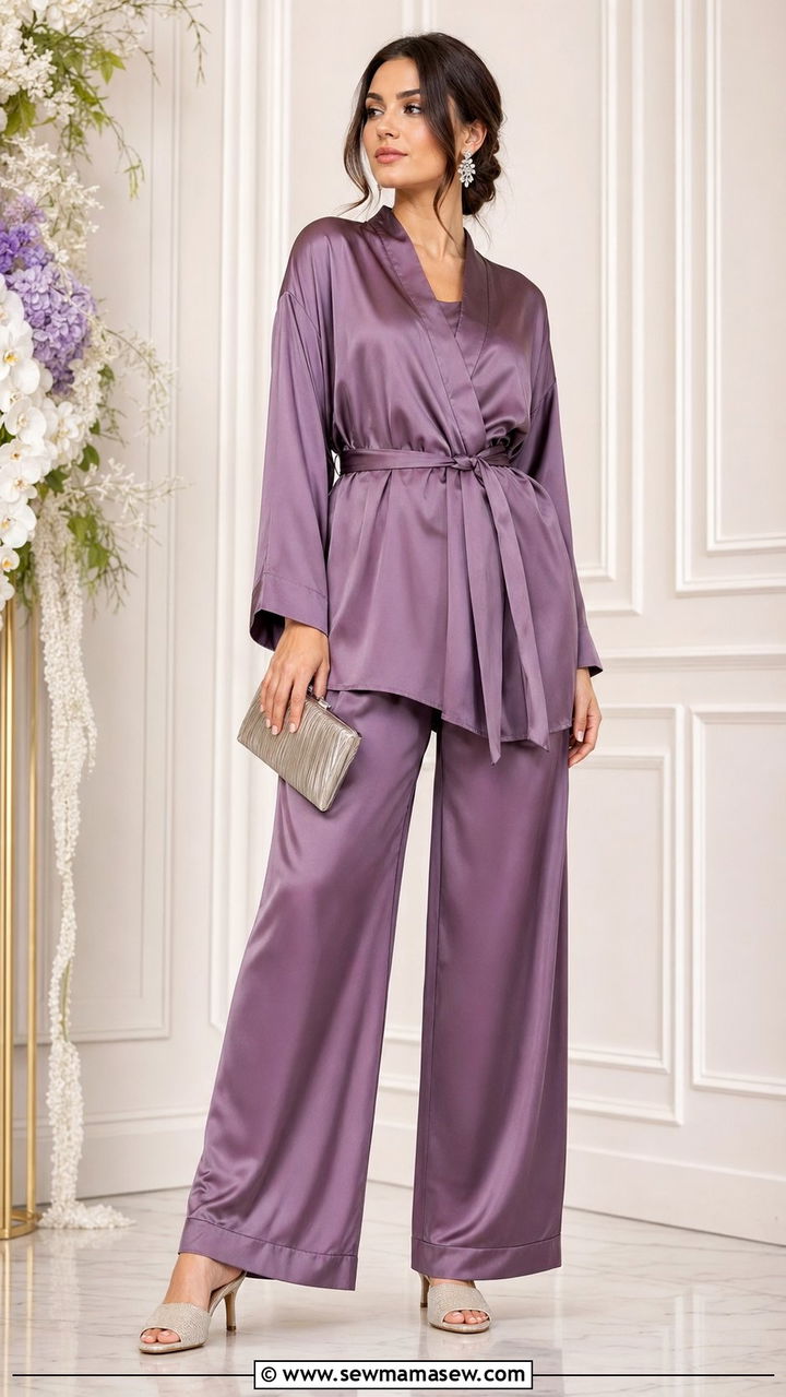 Silk Pajama Inspired Set With A Belted Robe - 35 Modest outfit ideas for wedding guest