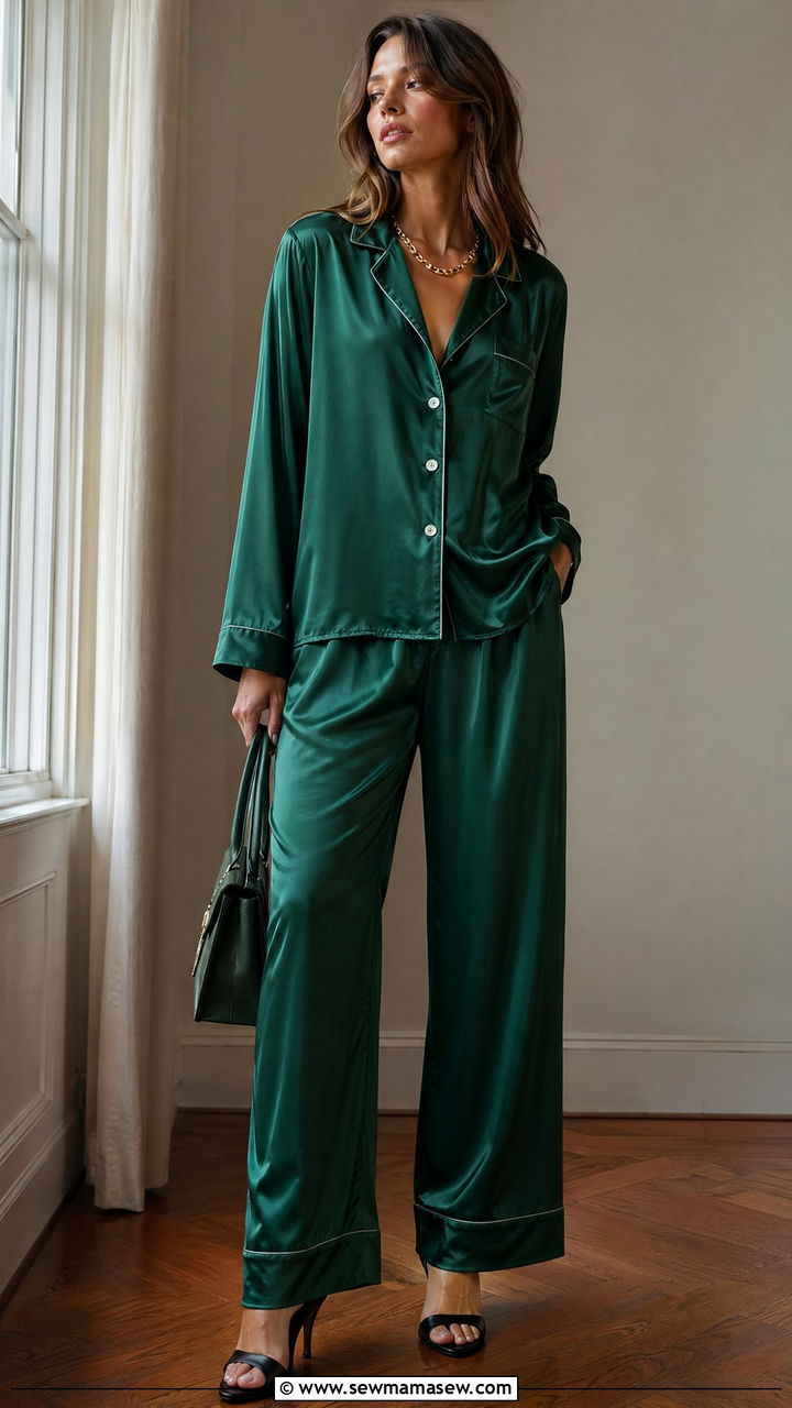 Silk Satin Pajama Set With Heeled Mules - 35 Classy loungewear outfit ideas