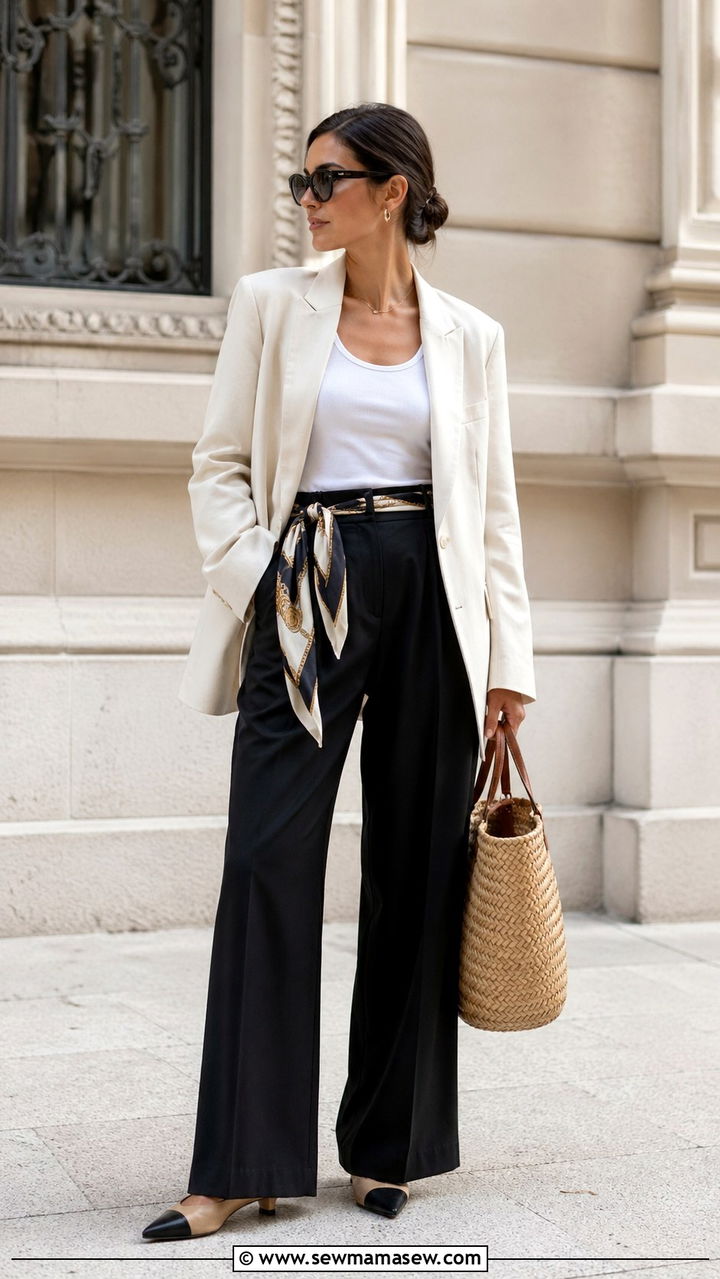 Silk Scarf As A Belt Over A Blazer - 30 Silk scarf outfit ideas