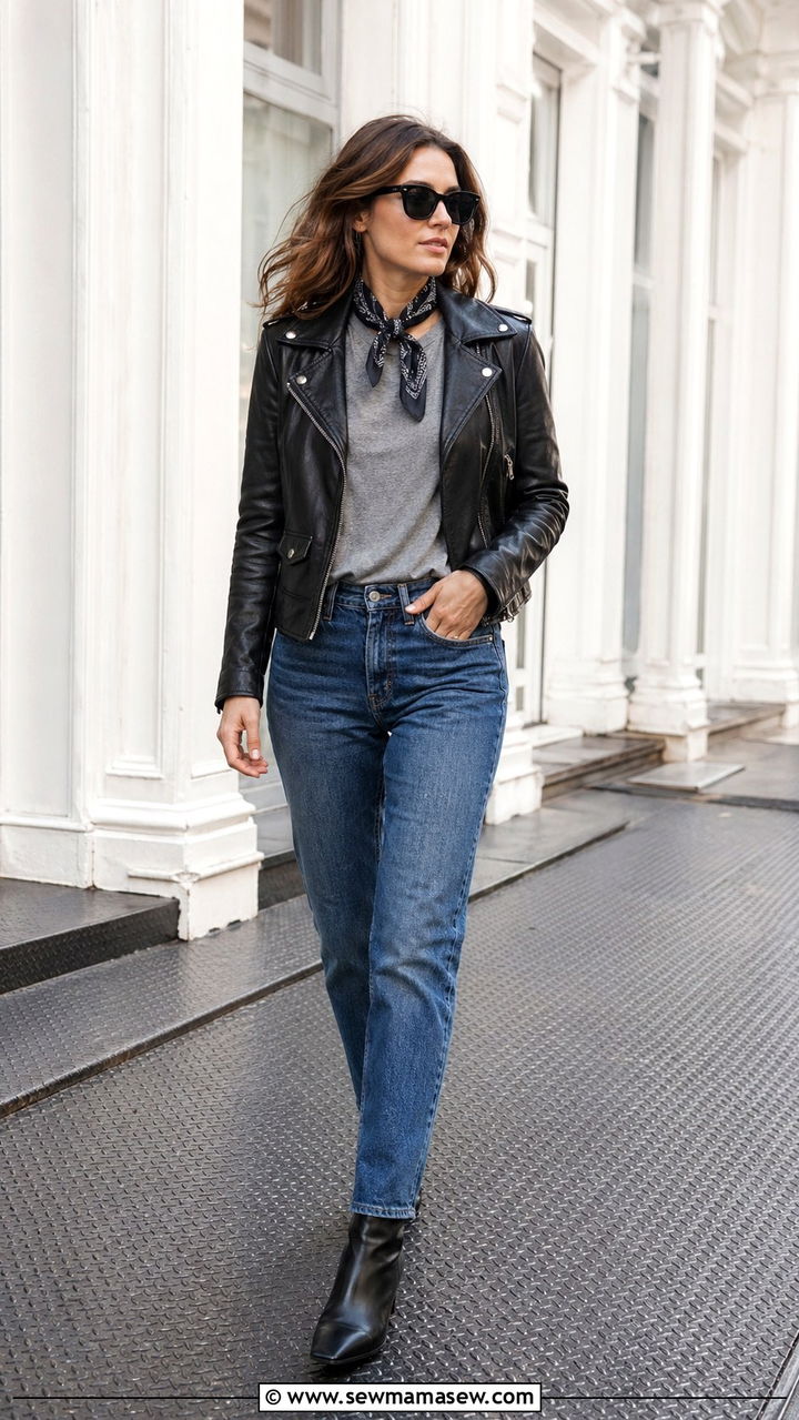 Silk Scarf Bandana With A Leather Jacket - 30 Silk scarf outfit ideas