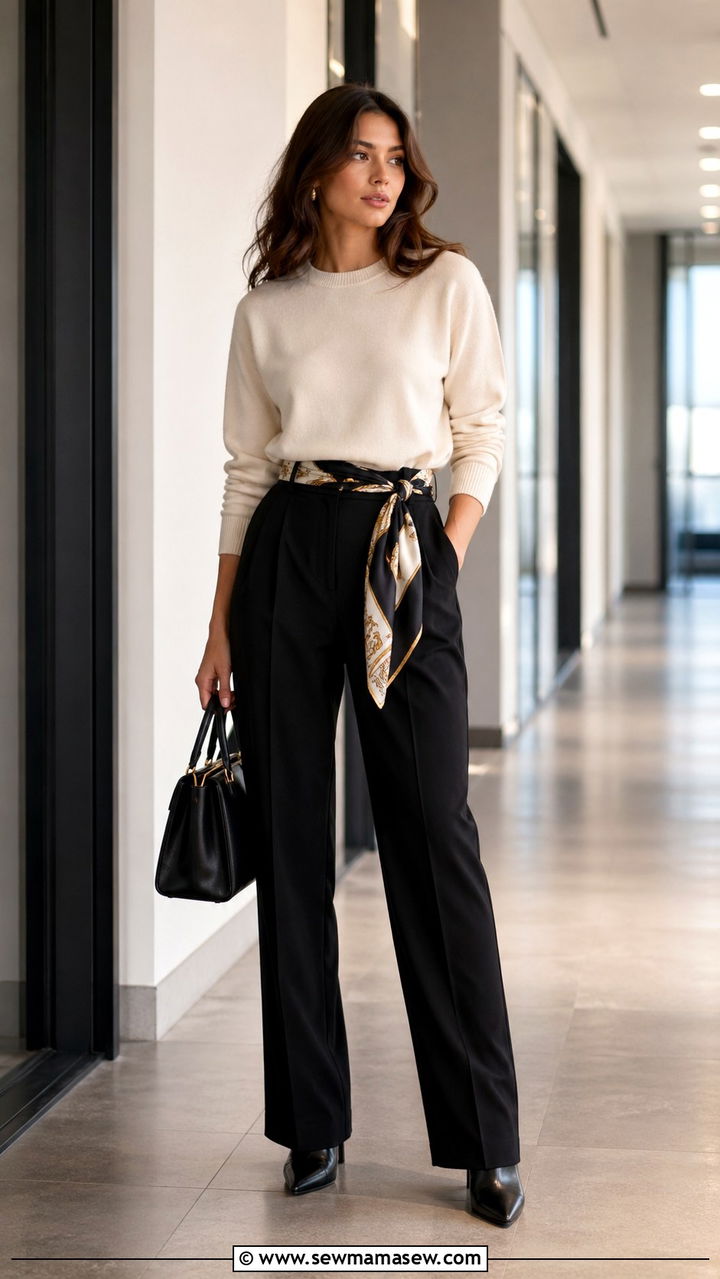 Silk Scarf Belt With Tailored Trousers - 30 Silk scarf outfit ideas