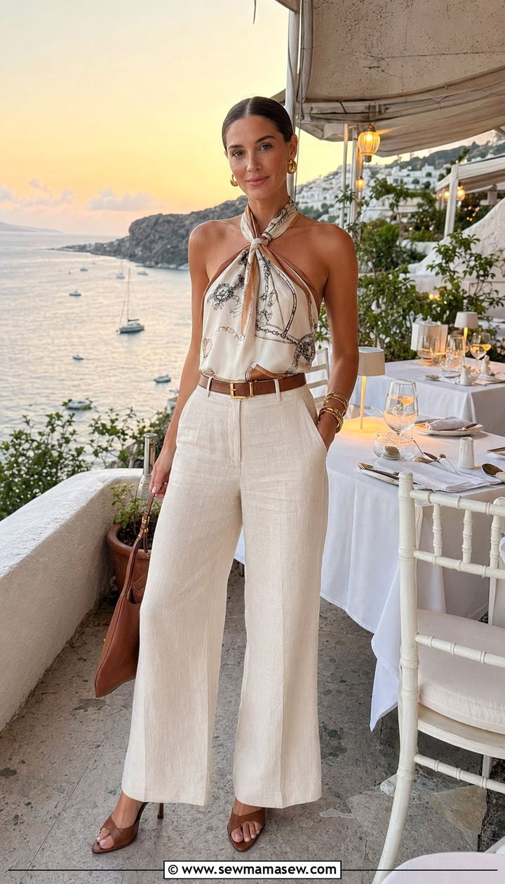 Silk Scarf Blouse with Wide Leg Linen Trousers - 35 Old money vacation outfit ideas