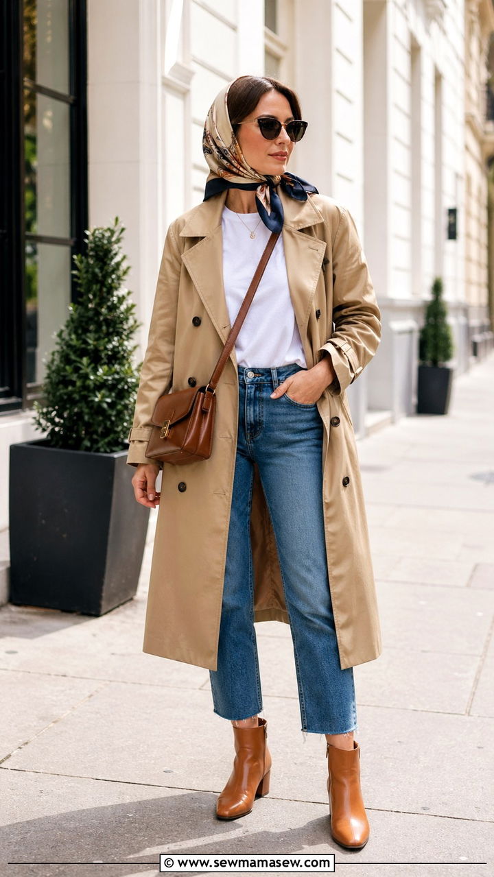Silk Scarf In Hair With A Trench Coat - 30 Silk scarf outfit ideas