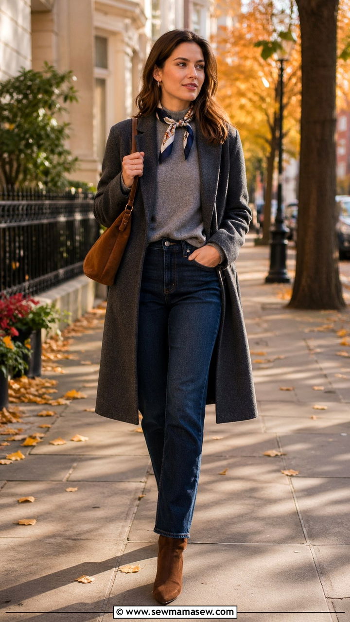 Silk Scarf Knotted At The Neck With A Sweater - 30 Silk scarf outfit ideas