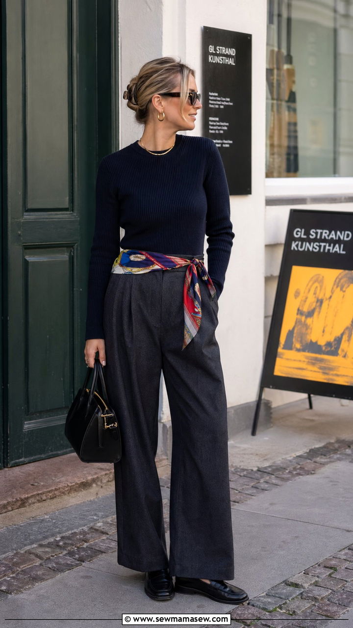 Silk Scarf Knotted Over Tailored Trousers Outfit - 35 Copenhagen outfit ideas