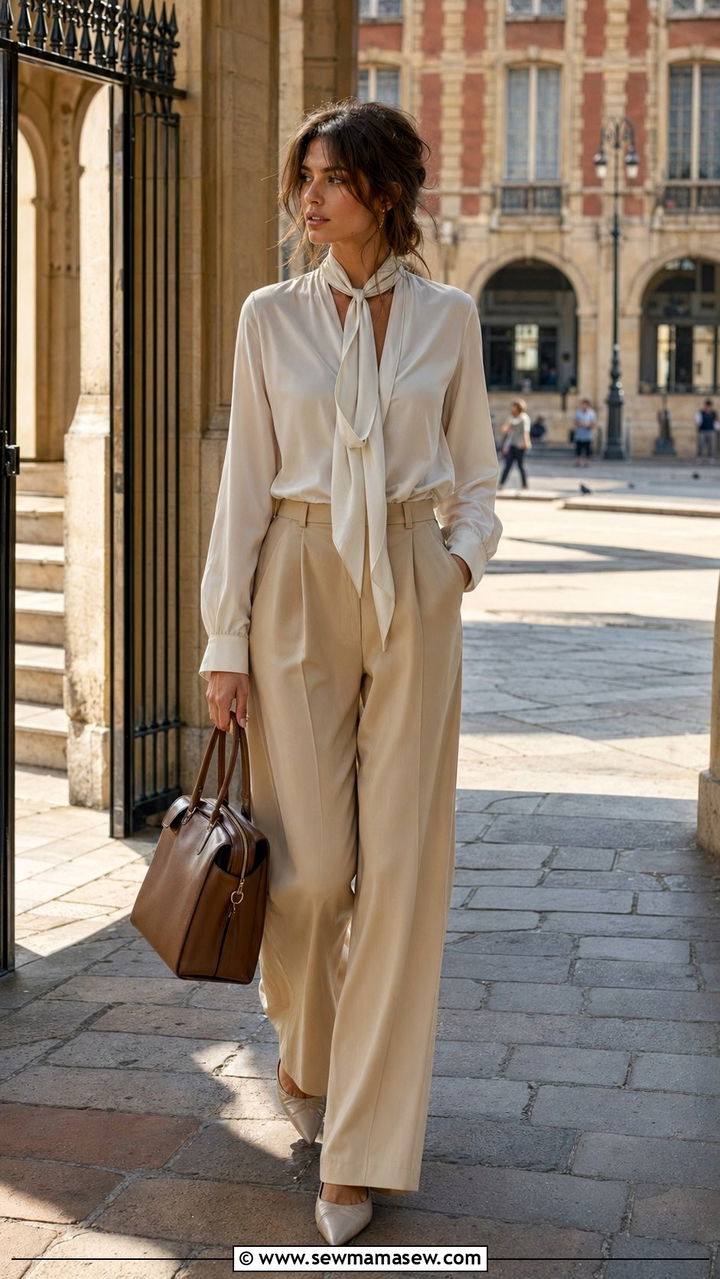 Silk Scarf Neck Tie Blouse and Wide Leg Trousers Outfit - 35 Paris outfits 2026