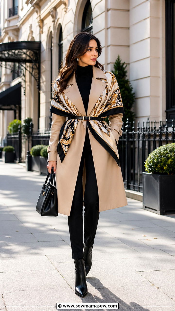 Silk Scarf Tied Over A Trench Coat - 30 Silk scarf outfit ideas