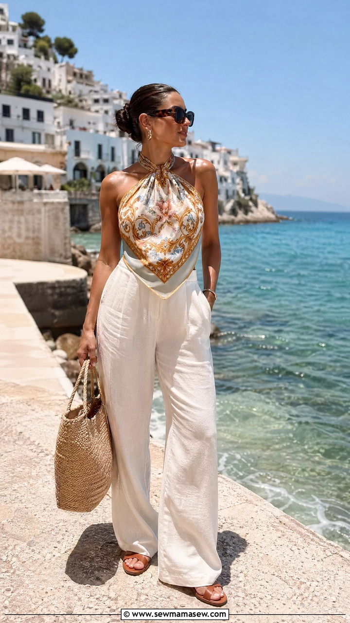 Silk Scarf Top With Linen Pants Outfit - 35 spring to summer outfits