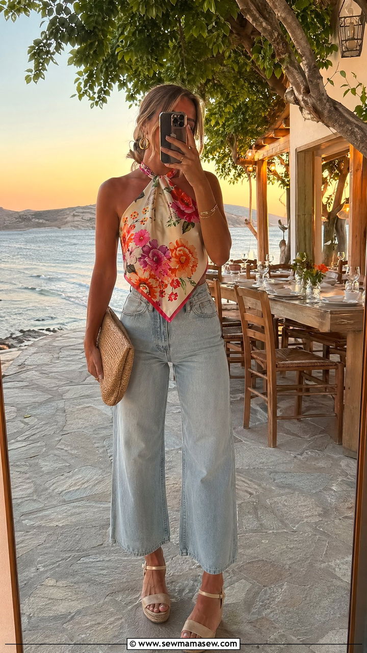 Silk Scarf Top With Wide Leg Cropped Jeans And Wedge Sandals - 35 Spring weekend getaway outfits