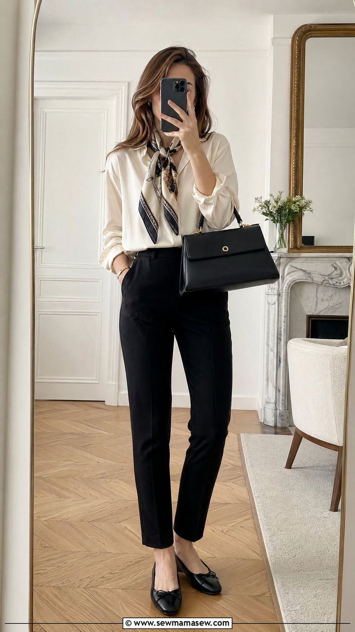 Silk Scarf With Neutral Blouse and Slim Trousers - 35 spring french girl outfit ideas