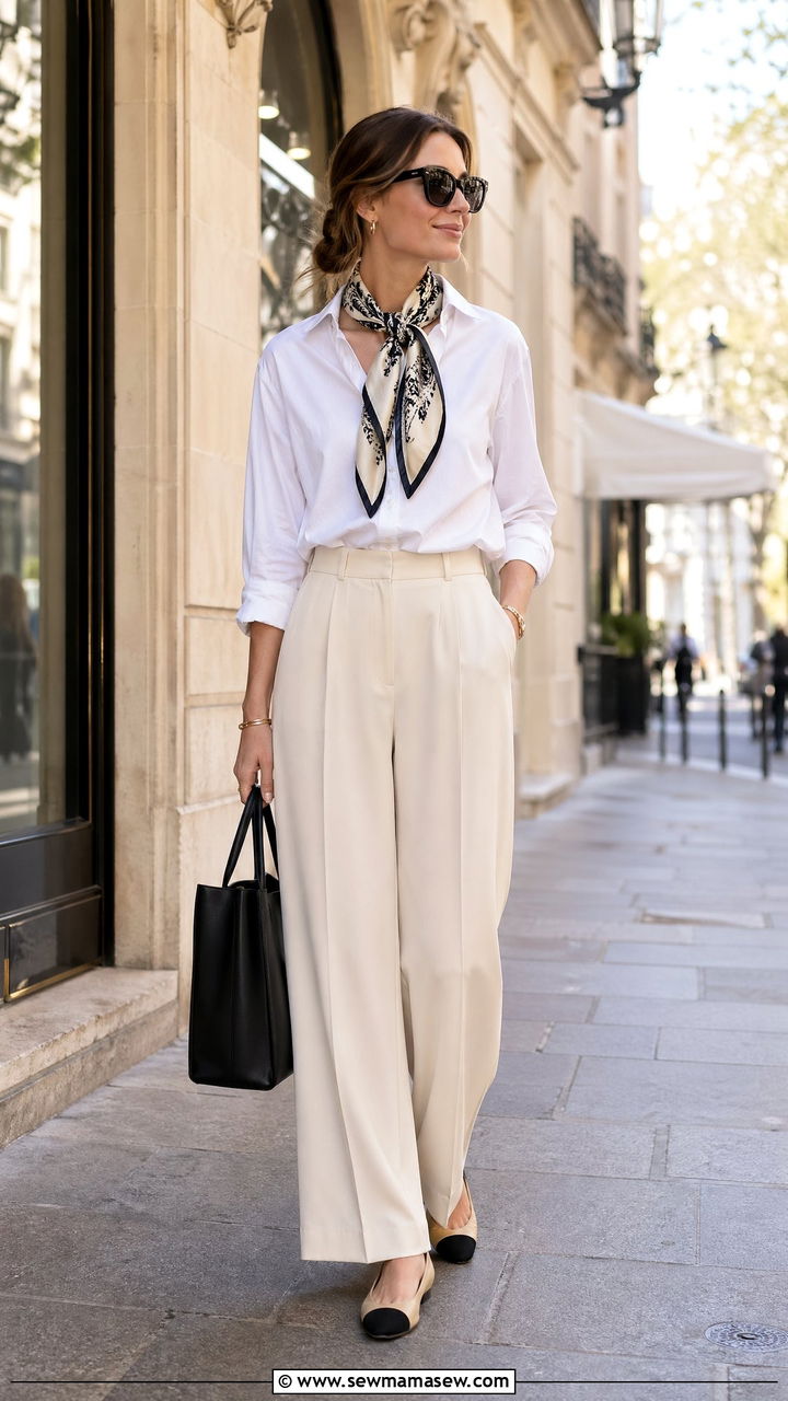 Silk Scarf With White Button Down And Cream Trousers - 35 spring parisian outfit ideas