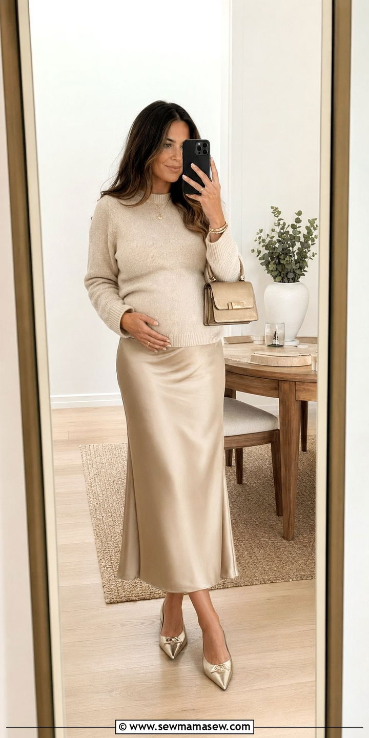 Silk Skirt And Fine Knit Sweater Pregnancy Outfit - 35 pregnancy outfit ideas