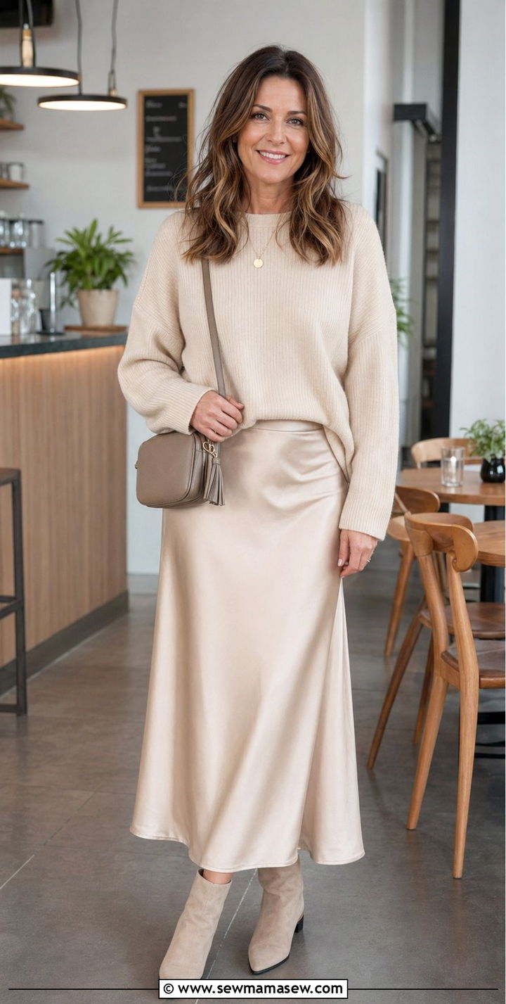 Silk Skirt and Cozy Sweater Ensemble - 30 What to wear to brunch over 40