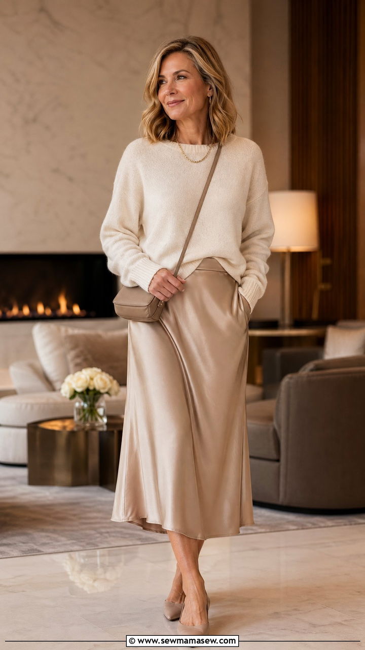 Silk Skirt and Cozy Sweater Weekend Outfit - 35 Weekend outfit ideas for women over 40